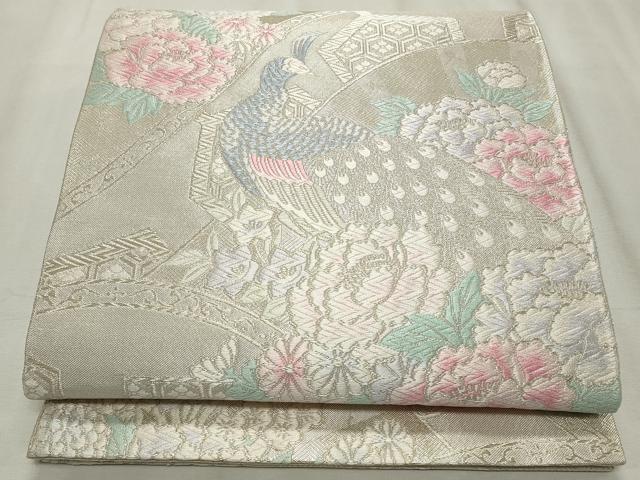 平和屋着物◎佐賀錦 六通柄袋帯 唐織 孔雀唐草花文 銀糸 正絹 逸品 CABF2336qe