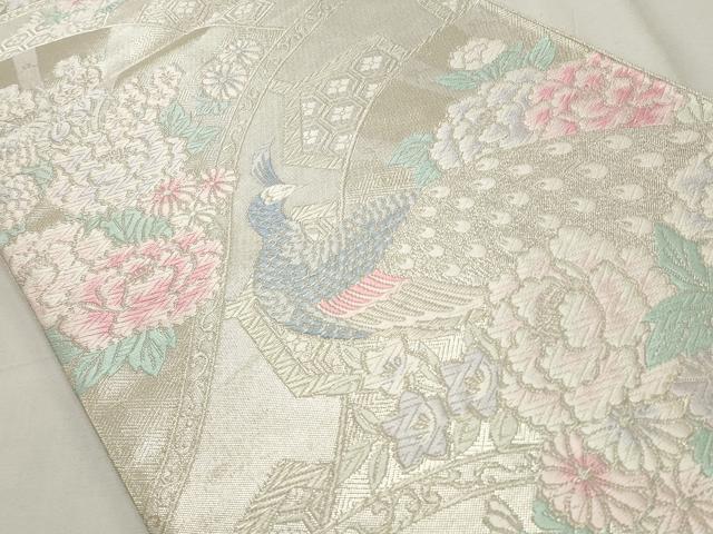 平和屋着物◎佐賀錦 六通柄袋帯 唐織 孔雀唐草花文 銀糸 正絹 逸品 CABF2336qe