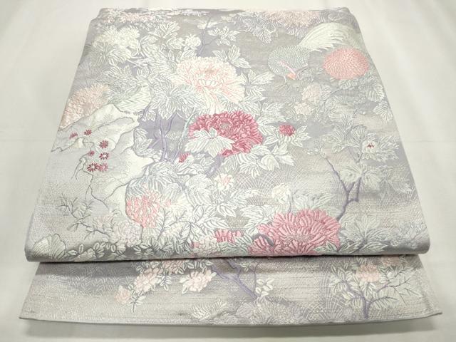 平和屋着物◎六通柄袋帯 唐織 尾長鳥枝草花文 銀糸 正絹 逸品 CABF2349qe