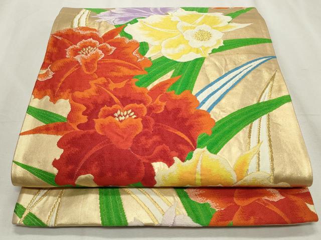 平和屋着物◎六通柄袋帯 唐織 草花文 金糸 正絹 逸品 CABF2352qe