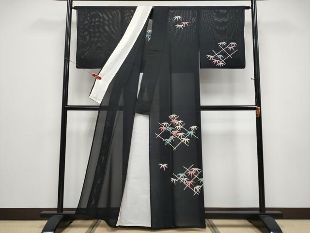 平和屋着物*夏物 訪問着 絽 笹竹文 黒地 銀彩 正絹 逸品 CABF2455tx