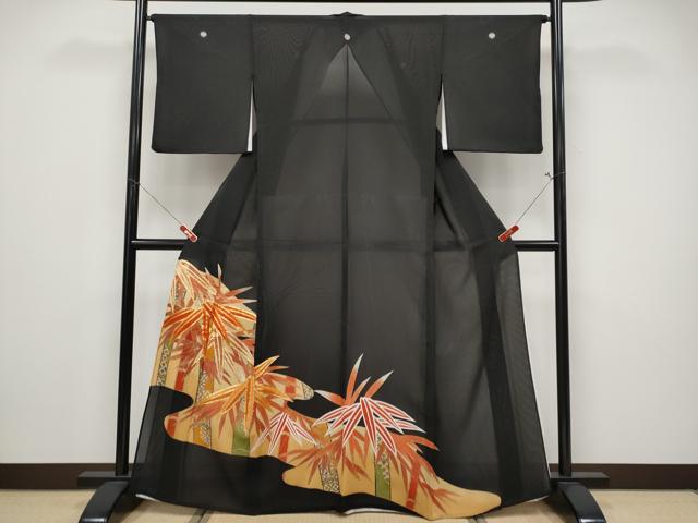 平和屋着物＊夏物　黒留袖　絽　駒刺繍　笹竹文　金彩　洗える着物　CABF2510tx 平和屋着物□豪華黒留袖 駒刺繍 鳳凰更紗花文 金彩 正絹 逸品