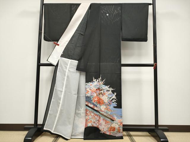 平和屋着物*夏物 黒留袖 絽 御所車飛鶴草花文 金彩 洗える着物 CABF2641tx