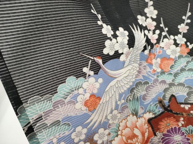 平和屋着物*夏物 黒留袖 絽 御所車飛鶴草花文 金彩 洗える着物 CABF2641tx
