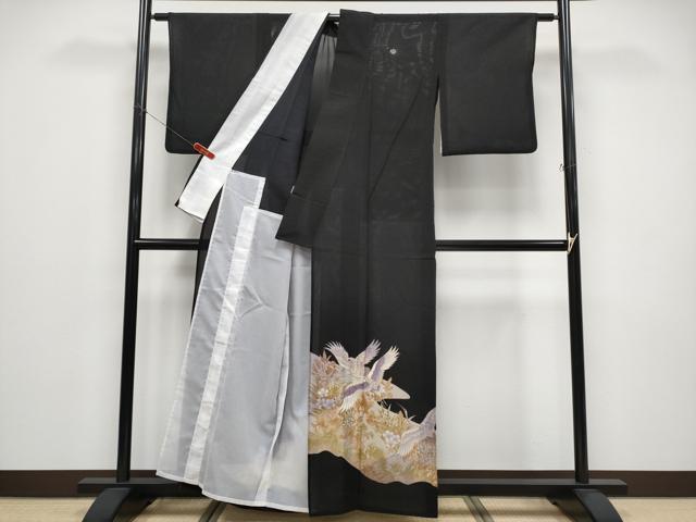 平和屋着物*夏物 黒留袖 絽 刺繍 飛鶴草花文 金彩 洗える着物 CABF2646tx