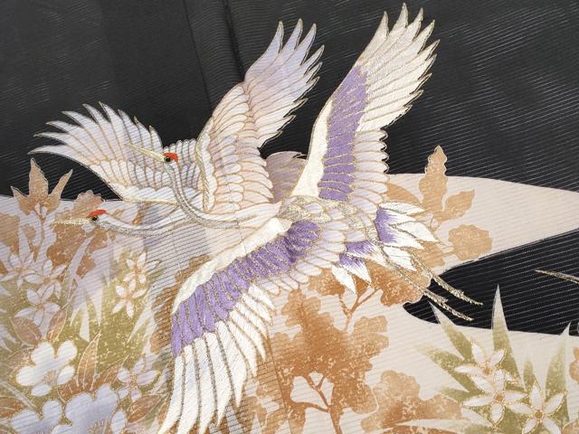 平和屋着物*夏物 黒留袖 絽 刺繍 飛鶴草花文 金彩 洗える着物 CABF2646tx