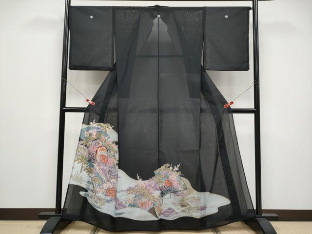 平和屋着物*夏物 黒留袖 絽 扇面鼓草花文 金彩 洗える着物 CABF2661tx