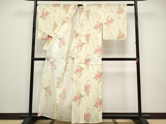 平和屋着物*夏物 小紋 紗 草花文 洗える着物 CABF2663tx