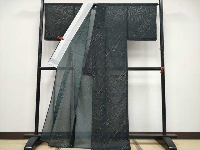 平和屋着物*夏物 小紋 絽 流線文 黒地 洗える着物 未使用 CABF2669tx