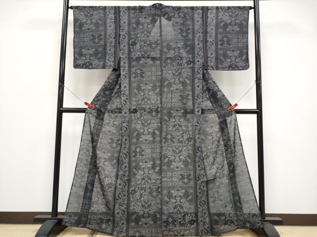 平和屋着物*夏物 小紋 紗 花鳥文 黒地 洗える着物 未使用 CABF2676tx