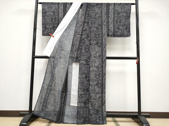 平和屋着物*夏物 小紋 紗 花鳥文 黒地 洗える着物 未使用 CABF2676tx