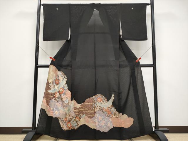 平和屋着物*夏物 黒留袖 絽 飛鶴花唐草文 金彩 洗える着物 CABF2682tx