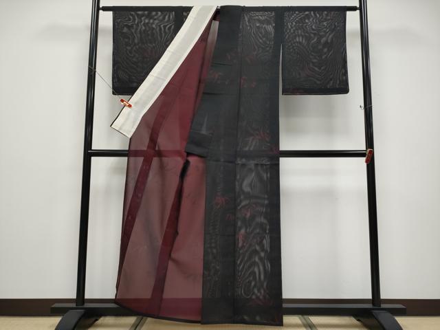 平和屋着物*夏物 小紋 絽 笹 黒地 洗える着物 未使用 CABF2683tx