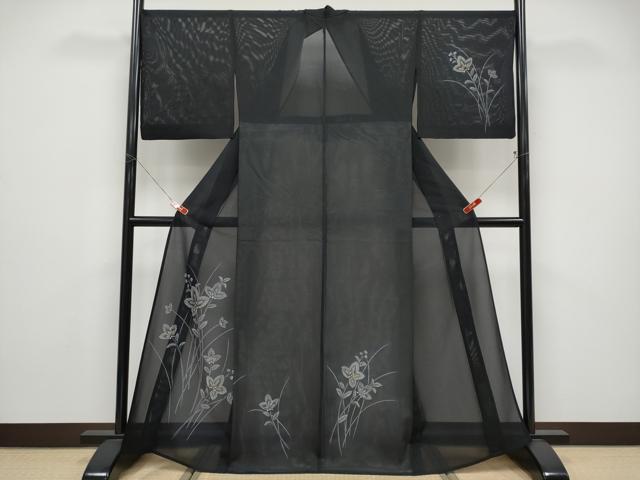 平和屋着物*夏物 訪問着 絽 草花文 黒地 金彩 正絹 逸品 CABF2692tx