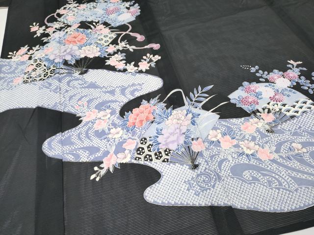 平和屋着物*夏物 黒留袖 絽 扇面花文 銀彩 洗える着物 CABF2697tx