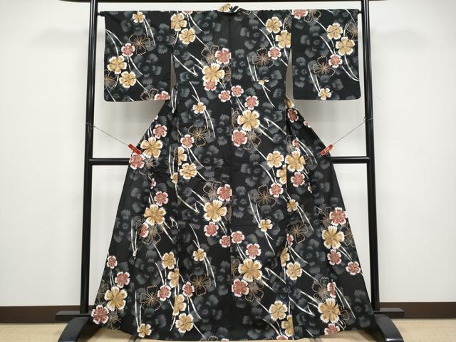 平和屋着物∴夏物 浴衣 綿紅梅 舞花文 黒地 金彩 綿 逸品 CABF2713tx