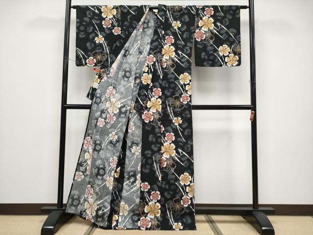 平和屋着物∴夏物 浴衣 綿紅梅 舞花文 黒地 金彩 綿 逸品 CABF2713tx
