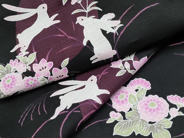 平和屋着物∴夏物 浴衣 兎 草花文 黒地 綿 逸品 CABF2714tx