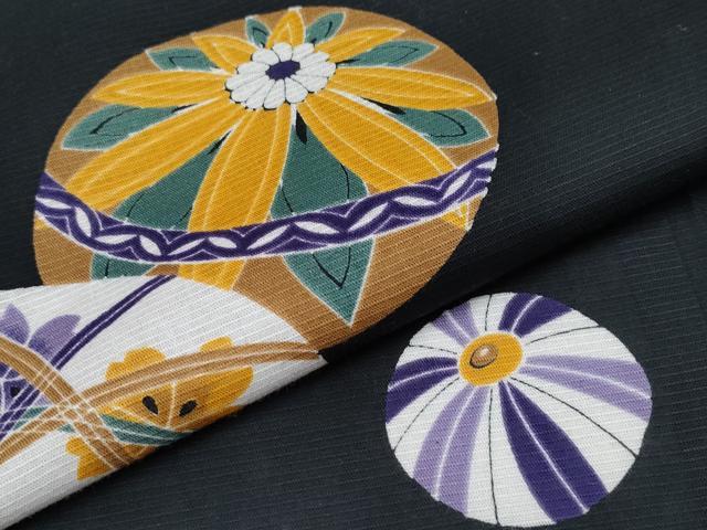 平和屋着物∴夏物 浴衣 鞠花文 黒地 日本製 綿 逸品 CABF2716tx