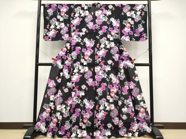 平和屋着物∴夏物 浴衣 JUN AMI MISAKO 綿紅梅 枝花文 黒地 銀彩 綿 逸品 未使用 CABF2723tx