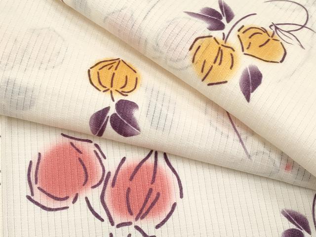 平和屋着物∴夏物 浴衣 綿絽 縦絽 鬼灯 生成り色 綿 逸品 CABF2747tx