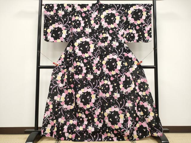 平和屋着物∴夏物 浴衣 花丸文 黒地 綿 逸品 CABF2756tx