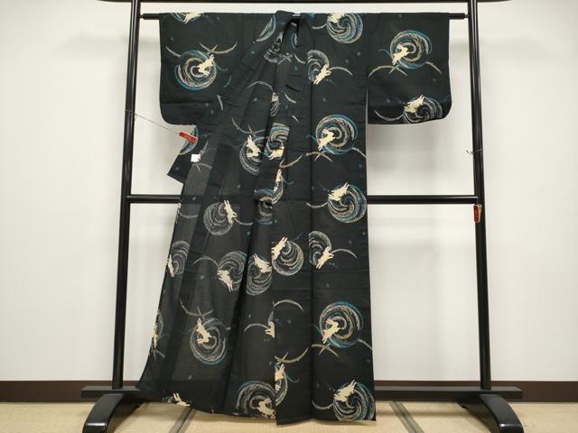 平和屋着物∴夏物 浴衣 綿紅梅 跳兎 黒地 綿 逸品 CABF2765tx