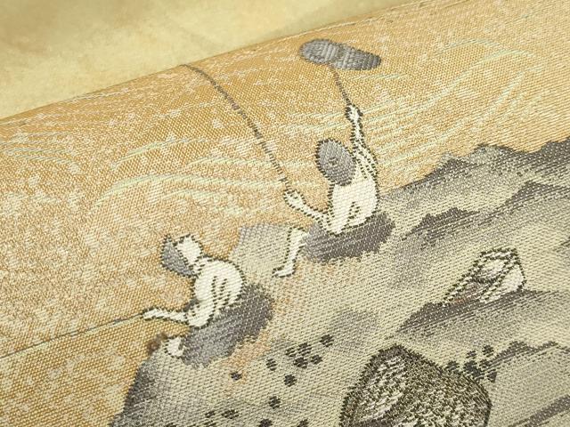 平和屋着物●近代日本画の巨匠 横山大観 じゅらく謹製 太鼓柄袋帯 人物風景文 正絹 逸品 CABF2777tx