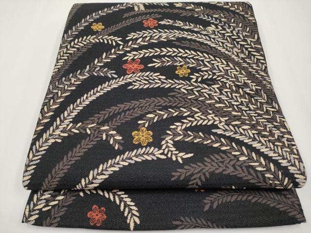 平和屋着物●六通柄袋帯 唐織 草花文 黒地 正絹 逸品 CABF2783tx