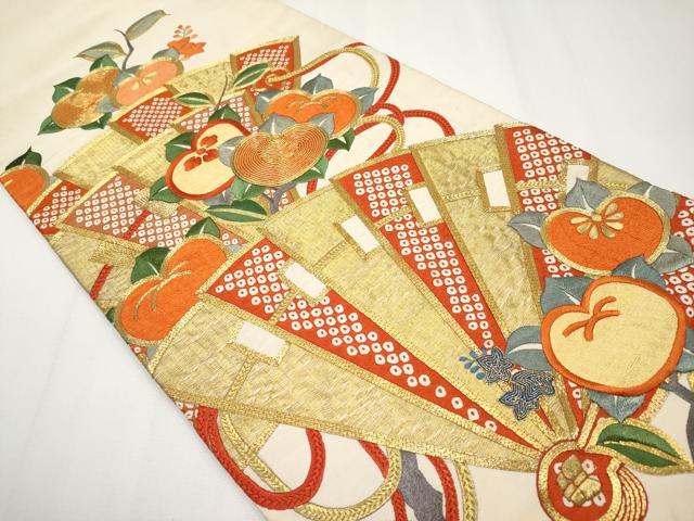 平和屋着物●アンティーク 大正ロマン 爪掻き本綴れ 丸帯 総刺繍 駒刺繍 檜扇橘文 金糸 正絹 逸品 CABF2786tx