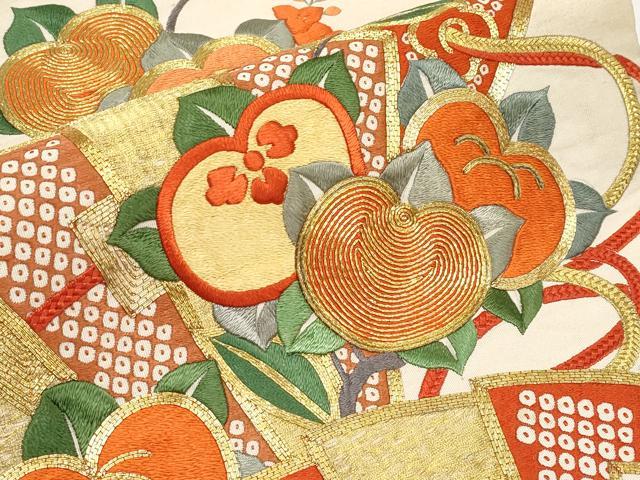 平和屋着物●アンティーク 大正ロマン 爪掻き本綴れ 丸帯 総刺繍 駒刺繍 檜扇橘文 金糸 正絹 逸品 CABF2786tx