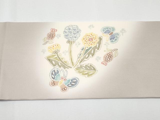 平和屋着物●塩瀬 九寸名古屋帯 花蝶風景文 正絹 逸品 CABF2791tx