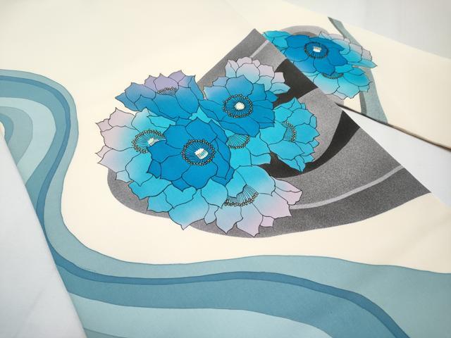 平和屋着物●塩瀬 九寸名古屋帯 作家物 手描き 流水花文 金彩 正絹 逸品 CABF2792tx