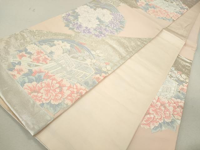 平和屋着物◎六通柄袋帯 唐織 御所車草花丸文 銀糸 正絹 逸品 CABF2803ze