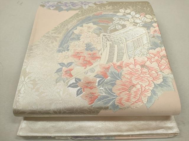 平和屋着物◎六通柄袋帯 唐織 御所車草花丸文 銀糸 正絹 逸品 CABF2803ze