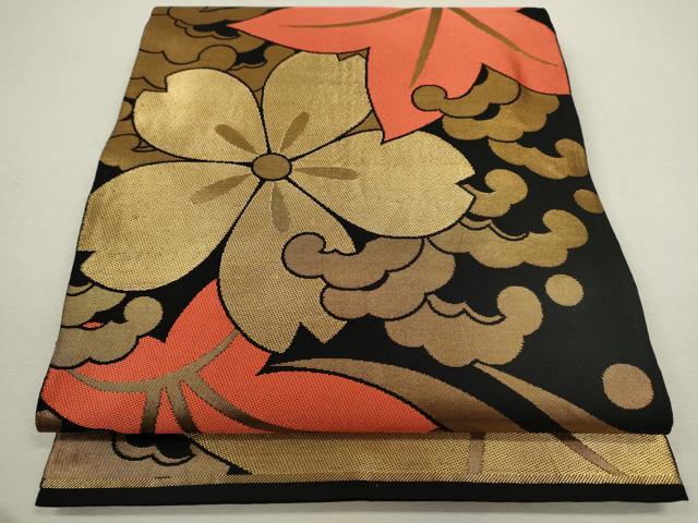 平和屋着物◎全通柄 本袋帯 立波草花文 黒地 正絹 逸品 CABF2815ze