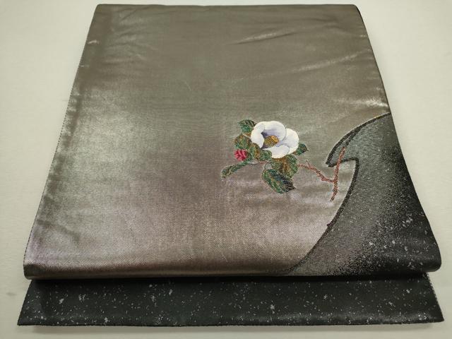 平和屋着物◎六通柄袋帯 唐織 枝椿 黒地 金糸 正絹 逸品 CABF2817ze