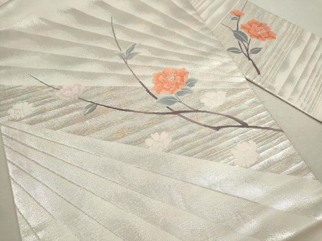 平和屋着物◎九寸名古屋帯 枝花文 銀糸 正絹 逸品 CABF2844ze