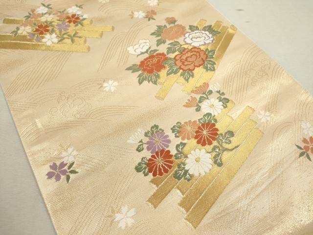 平和屋着物◎西陣 六通柄袋帯 唐織 花筏 金糸 証紙付き 正絹 逸品 未仕立て CABF2873ze
