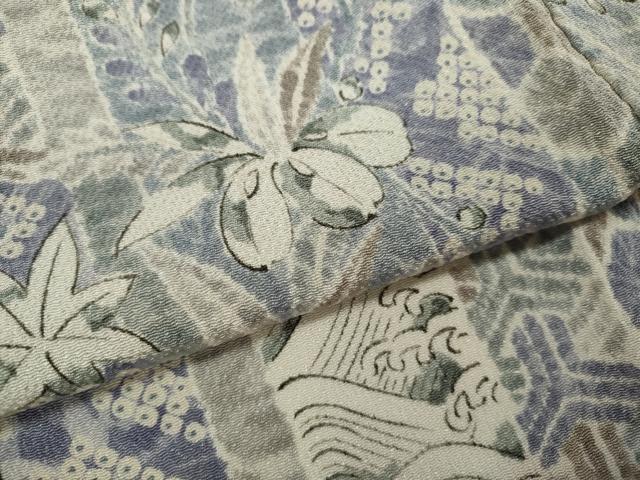 平和屋着物▽上質な小紋 単衣 吉祥草花間道 鬼しぼ縮緬 正絹 逸品 CABF3005ze