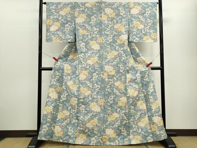 平和屋着物▽上質な紬 単衣 草花文 正絹 逸品 CABF3037ze