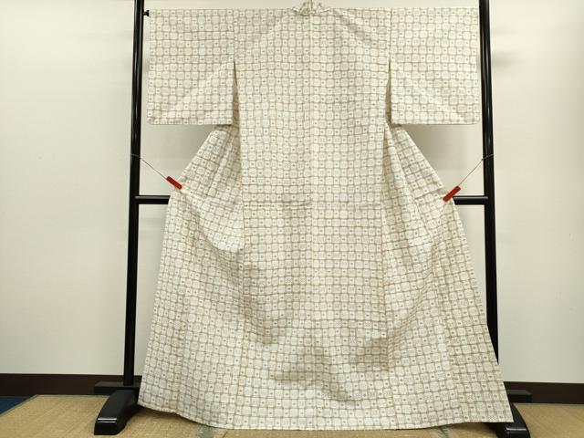 平和屋着物▽上質な紬 単衣 格子吉祥文 正絹 逸品 CABF3046ze