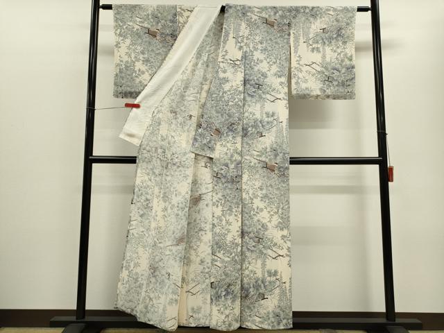 平和屋着物▽上質な小紋 単衣 花車文 鬼しぼ縮緬 正絹 逸品 CABF3058ze