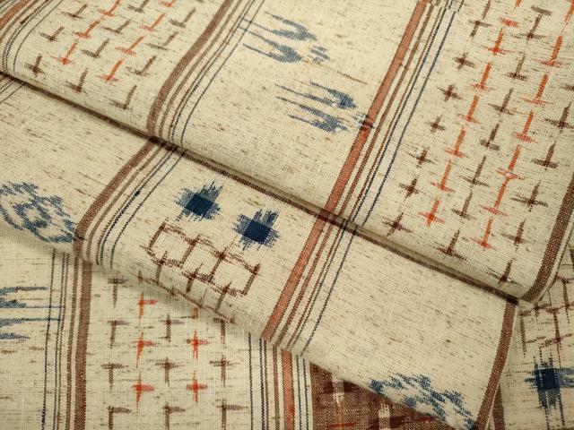 平和屋着物▽上質な紬 単衣 格子琉球絣文様 正絹 逸品 CABF3068ze
