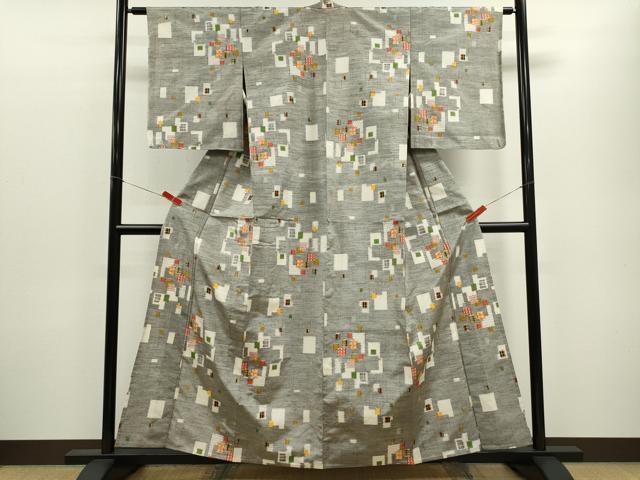平和屋着物▽上質な紬 単衣 色紙重ね文 正絹 逸品 CABF3080ze