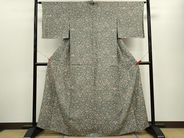 平和屋着物▽上質な小紋 単衣 花唐草文 たたき染め 正絹 逸品 CABF3097ze