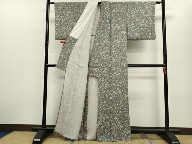 平和屋着物▽上質な小紋 単衣 花唐草文 たたき染め 正絹 逸品 CABF3097ze