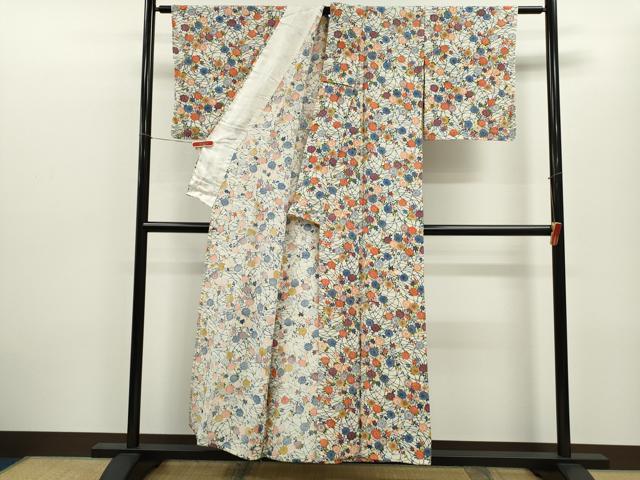 平和屋着物▽上質な小紋 単衣 型染め 草花文 正絹 逸品 CABF3098ze