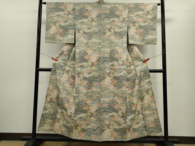 平和屋着物▽本場染大島紬 単衣 松竹梅風景文 正絹 逸品 CABF3099ze