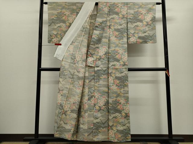 平和屋着物▽本場染大島紬 単衣 松竹梅風景文 正絹 逸品 CABF3099ze